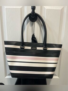 kate spade Black, Pink & White Striped Tote. EUC - Includes Unbranded Dustbag
